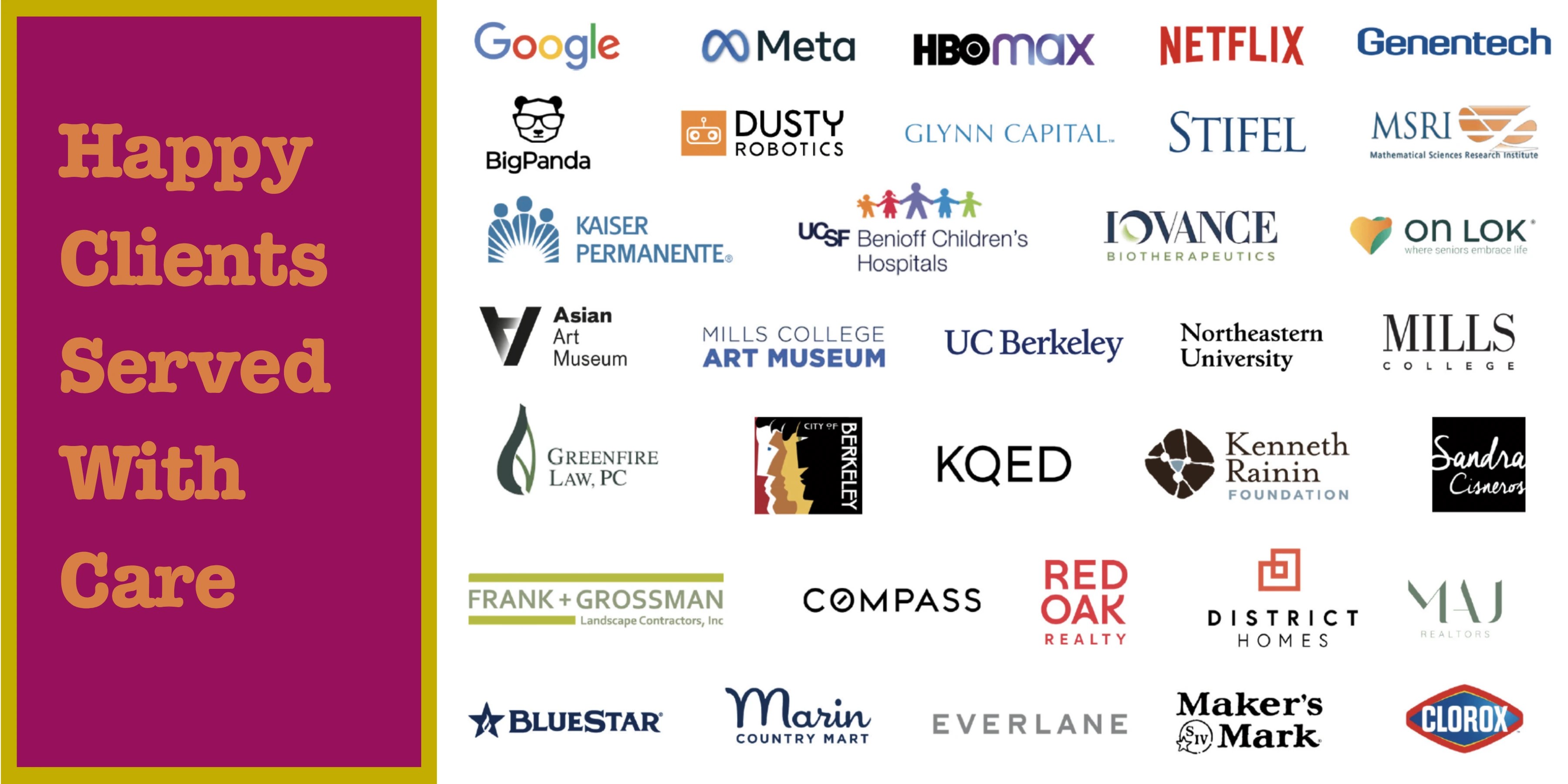 Happy Clients Served With Care: a collage of client and collaborator logos.